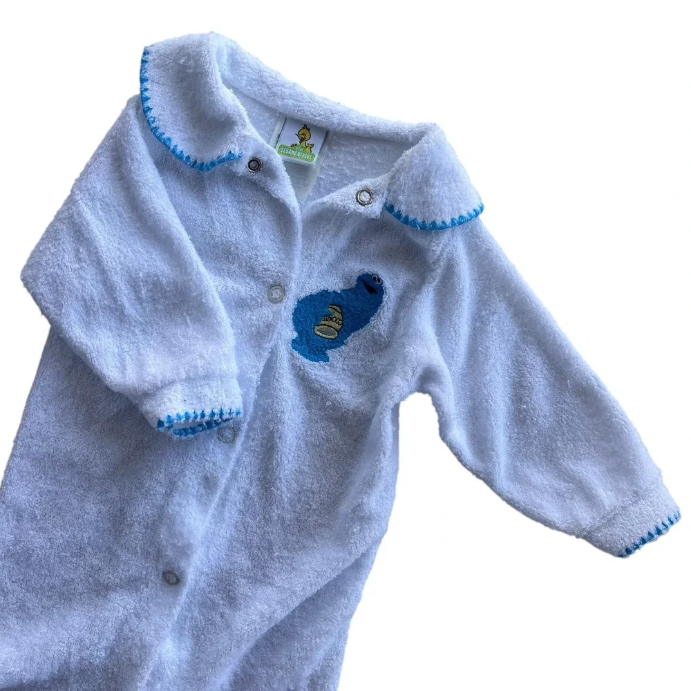 Sesame Street Cookie Monster Embroidered Baby S White Terry Cloth Footed Pajamas